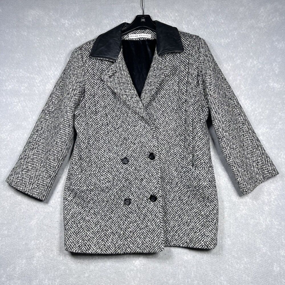 Vintage Irving Posluns Pea Coat Womens Size 11/12 Black and White Plaid Jacket
